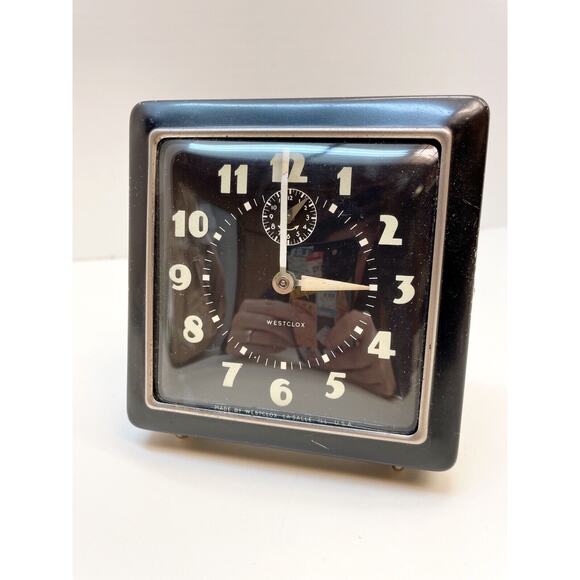 Antique Westclox Spur Model Square Mid Century Clock Chrome Accents Alarm Clock - Picture 6 of 9